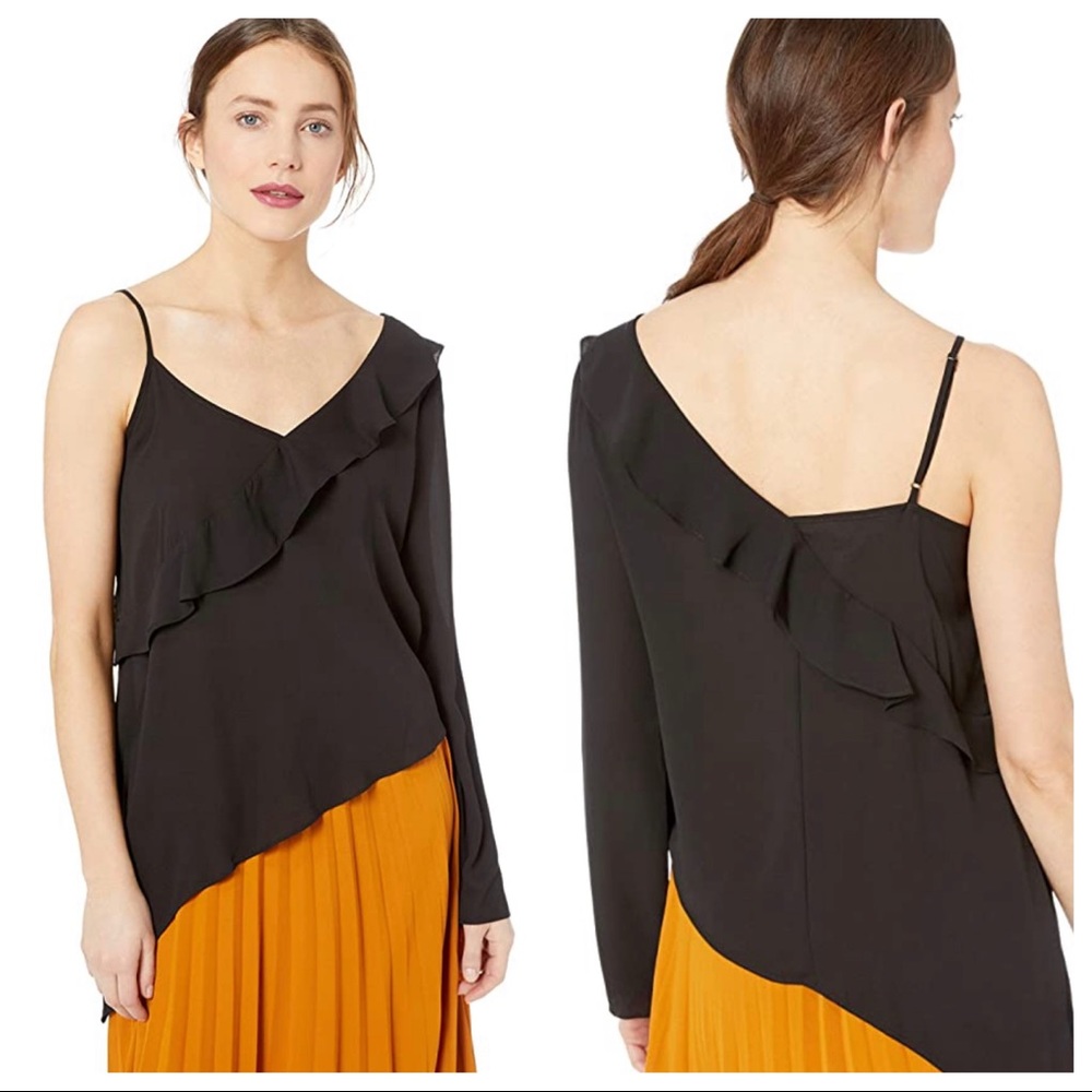 *NEW* BCBGENERATION Asymmetrical Ruffled One Sleeve V Neck Blouse in Black